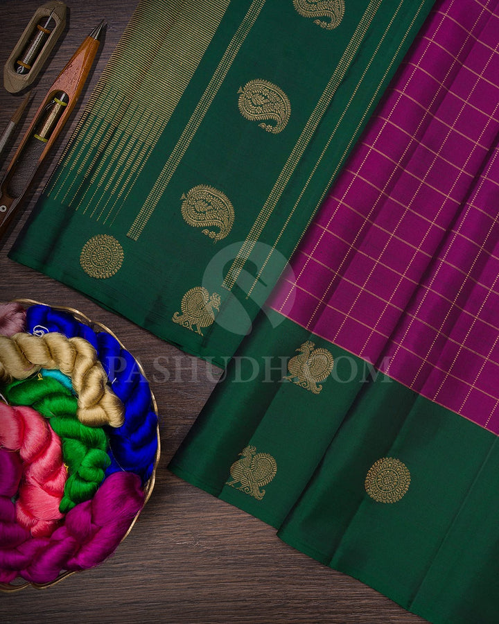 Violet And Bottle Green Pure Zari Kanjivaram Silk Saree-SP324