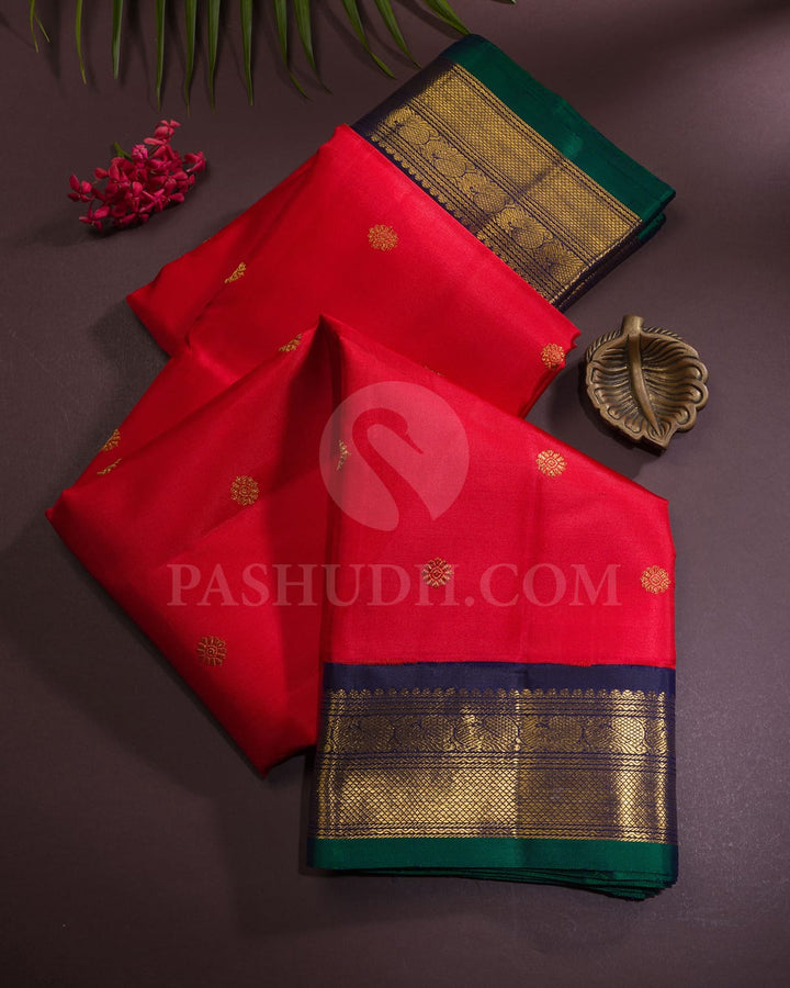 Bright Orange And Navy Blue Pure Zari Kanjivaram Silk Saree-SP320