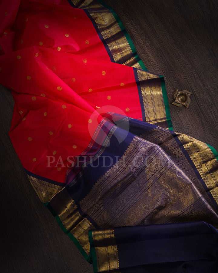 Bright Orange And Navy Blue Pure Zari Kanjivaram Silk Saree-SP320