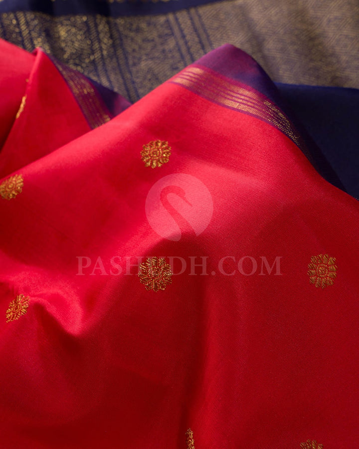 Bright Orange And Navy Blue Pure Zari Kanjivaram Silk Saree-SP320