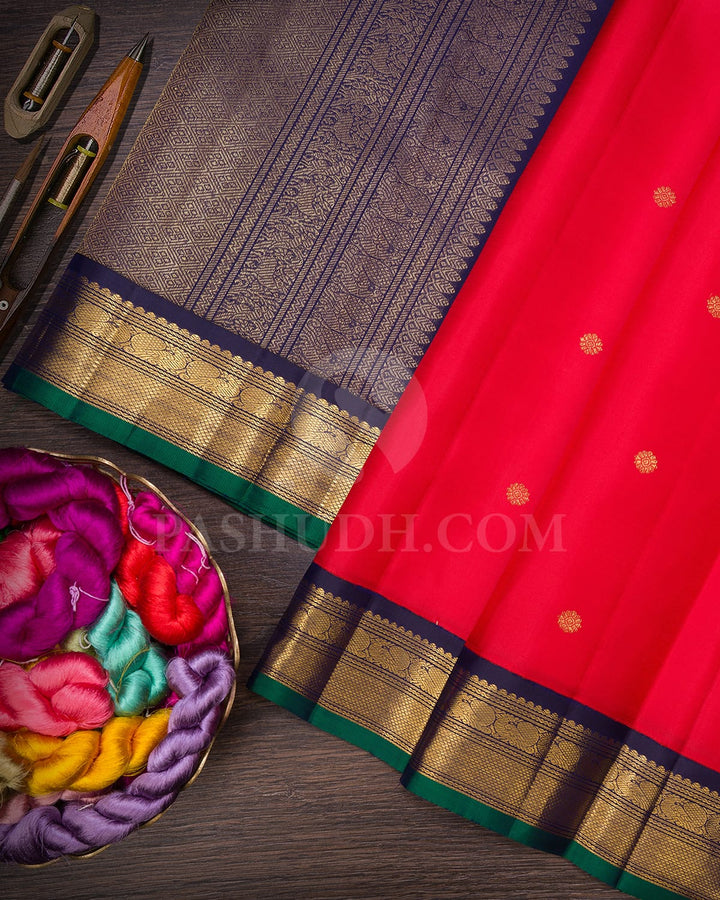 Bright Orange And Navy Blue Pure Zari Kanjivaram Silk Saree-SP320
