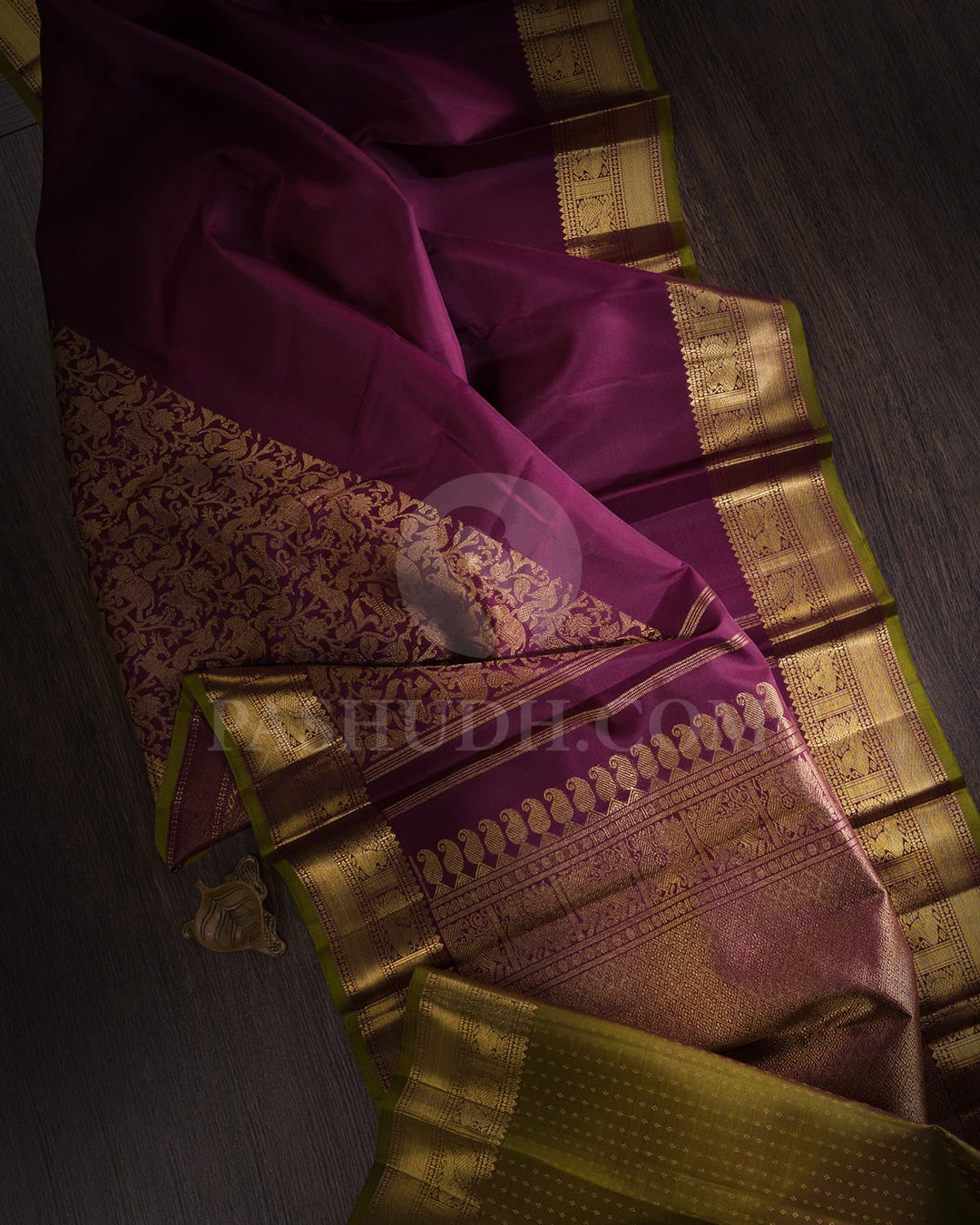 Aubergine With Dual Shaded Olive Green Pure Zari Kanjivaram Silk Saree-SP296
