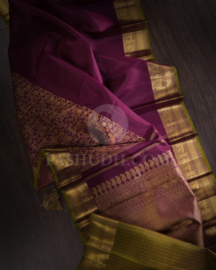 Aubergine With Dual Shaded Olive Green Pure Zari Kanjivaram Silk Saree-SP296