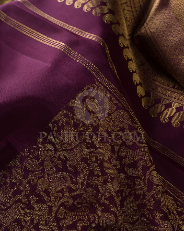 Aubergine With Dual Shaded Olive Green Pure Zari Kanjivaram Silk Saree-SP296