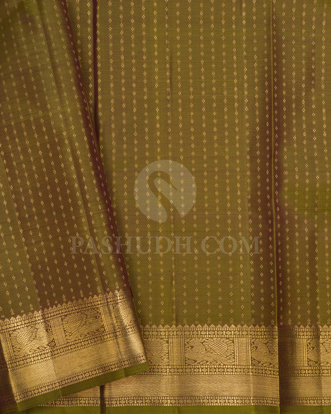 Aubergine With Dual Shaded Olive Green Pure Zari Kanjivaram Silk Saree-SP296