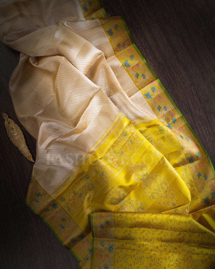 Cream And Golden Mustard Kanjivaram Silk Saree-DJ380(B)