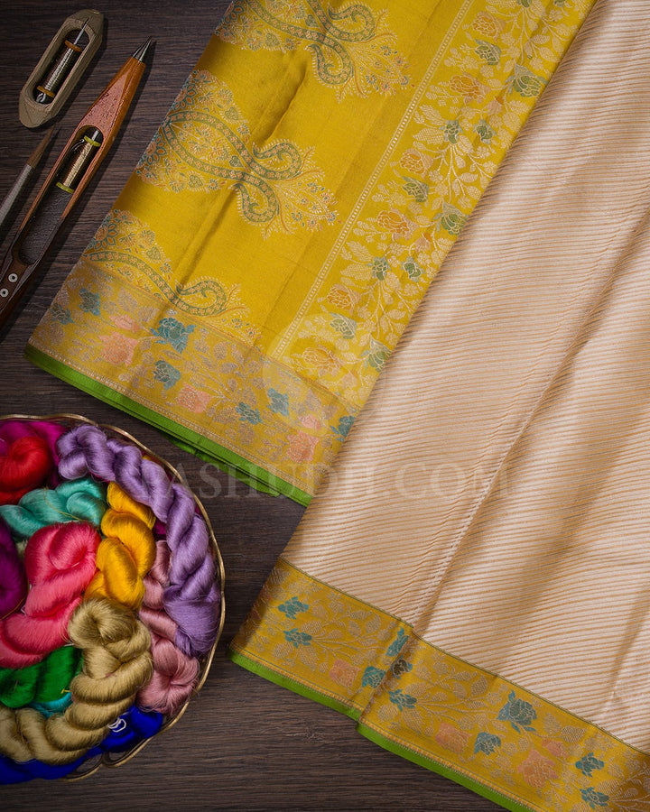 Cream And Golden Mustard Kanjivaram Silk Saree-DJ380(B)