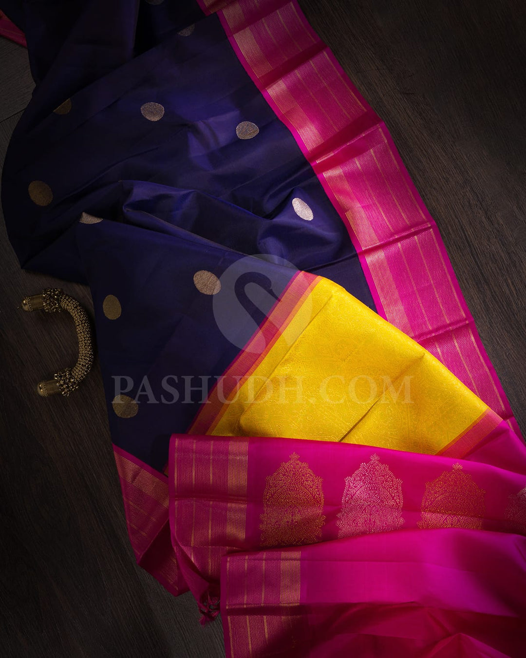 Navy Blue With Rani Pink Kanjivaram Silk Saree-S1567(A)
