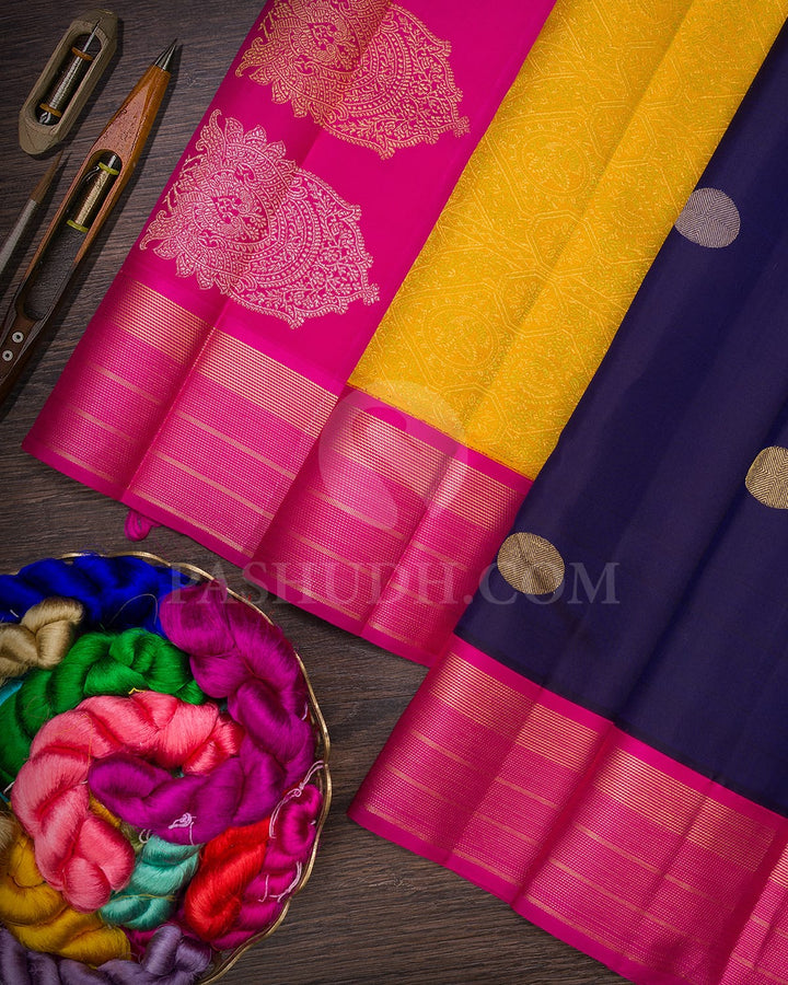 Navy Blue With Rani Pink Kanjivaram Silk Saree-S1567(A)