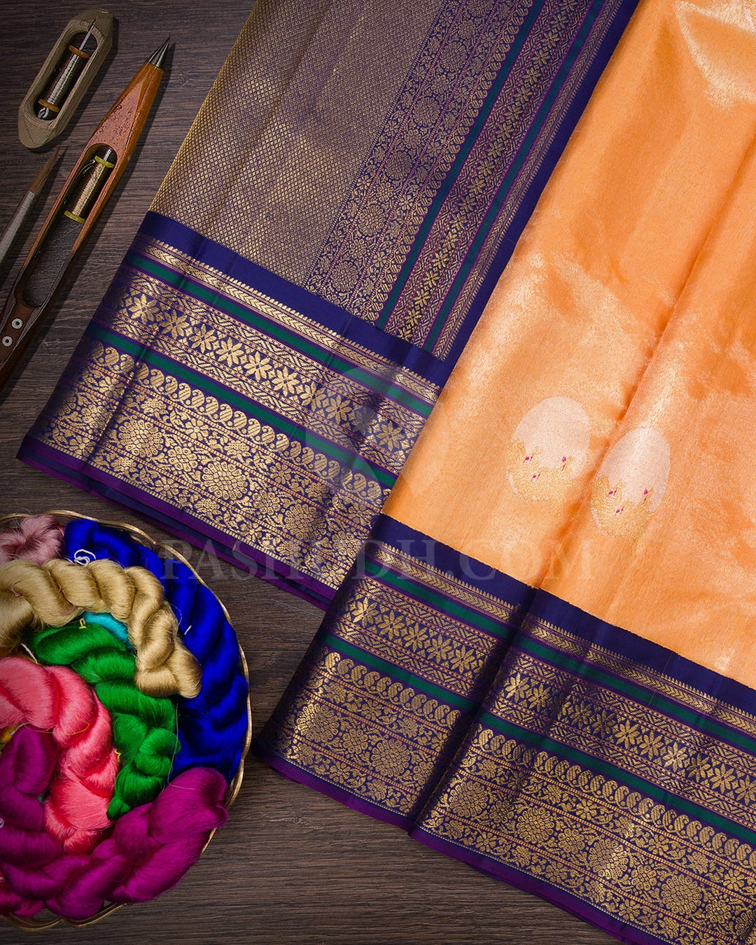 Mango Yellow And Dark Blue Bridal Kanjivaram Silk Saree-S1565(A)