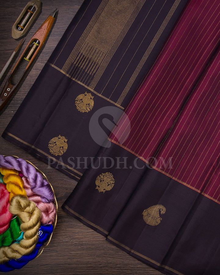 Maroon With Deep Eggplant Pure Zari Kanjivaram Silk Saree-SP306