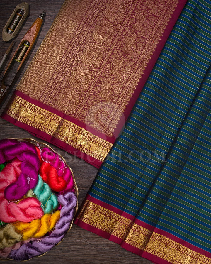 Green,Blue And Maroon Pure Zari Kanjivaram Silk Saree-SP321