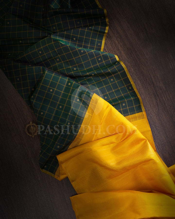 Bottle Green With Mango Yellow Borderless Pure Zari Traditional Kanjivaram Silk Saree-SP307