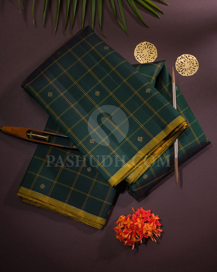 Bottle Green With Mango Yellow Borderless Pure Zari Traditional Kanjivaram Silk Saree-SP307