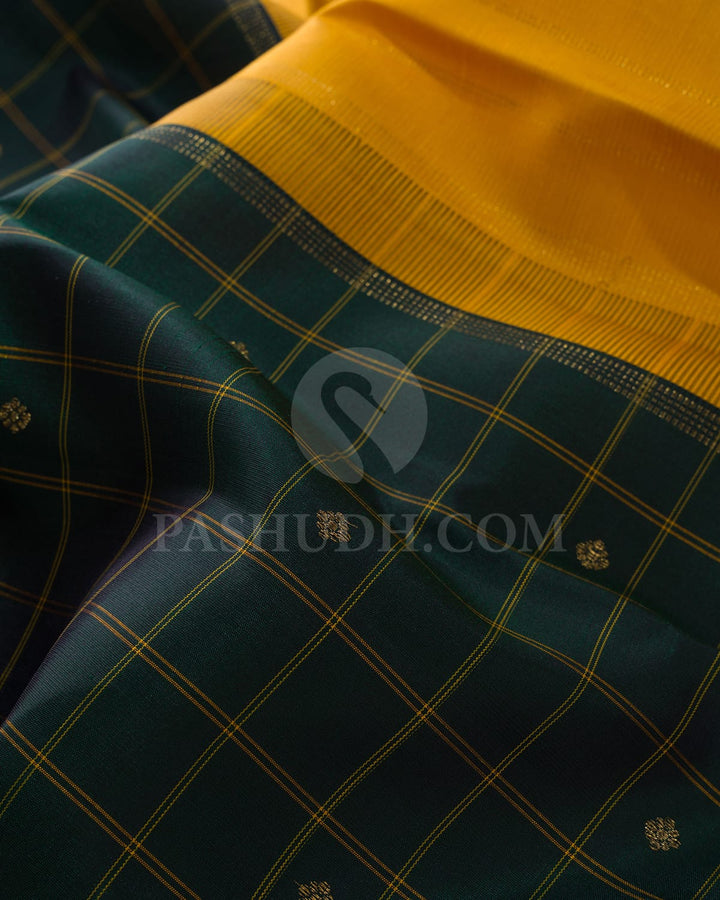 Bottle Green With Mango Yellow Borderless Pure Zari Traditional Kanjivaram Silk Saree-SP307