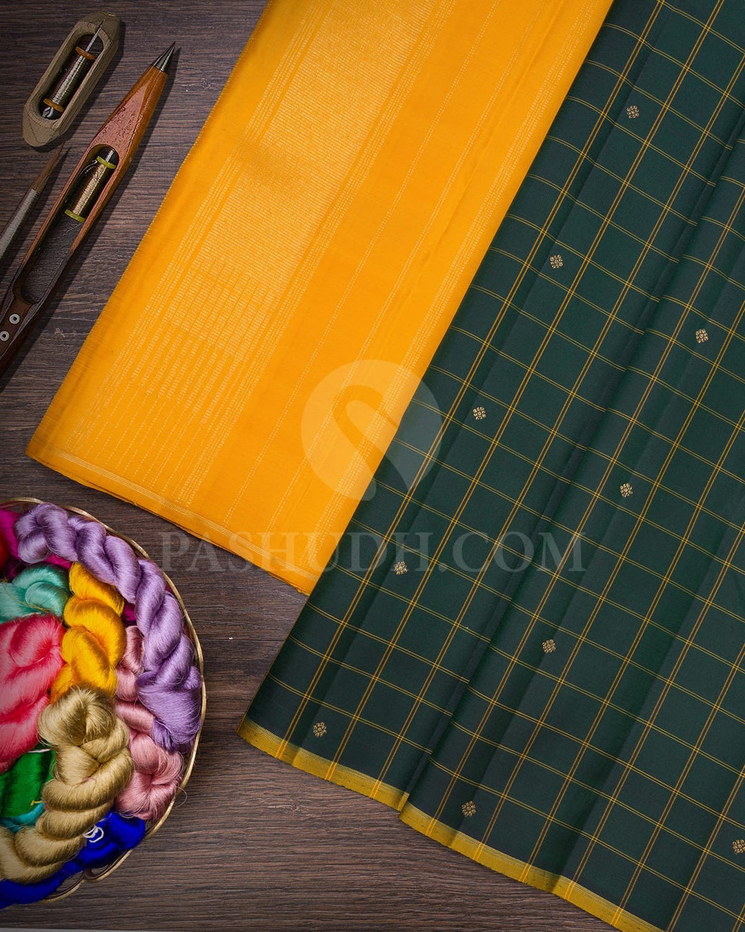 Bottle Green With Mango Yellow Borderless Pure Zari Traditional Kanjivaram Silk Saree-SP307