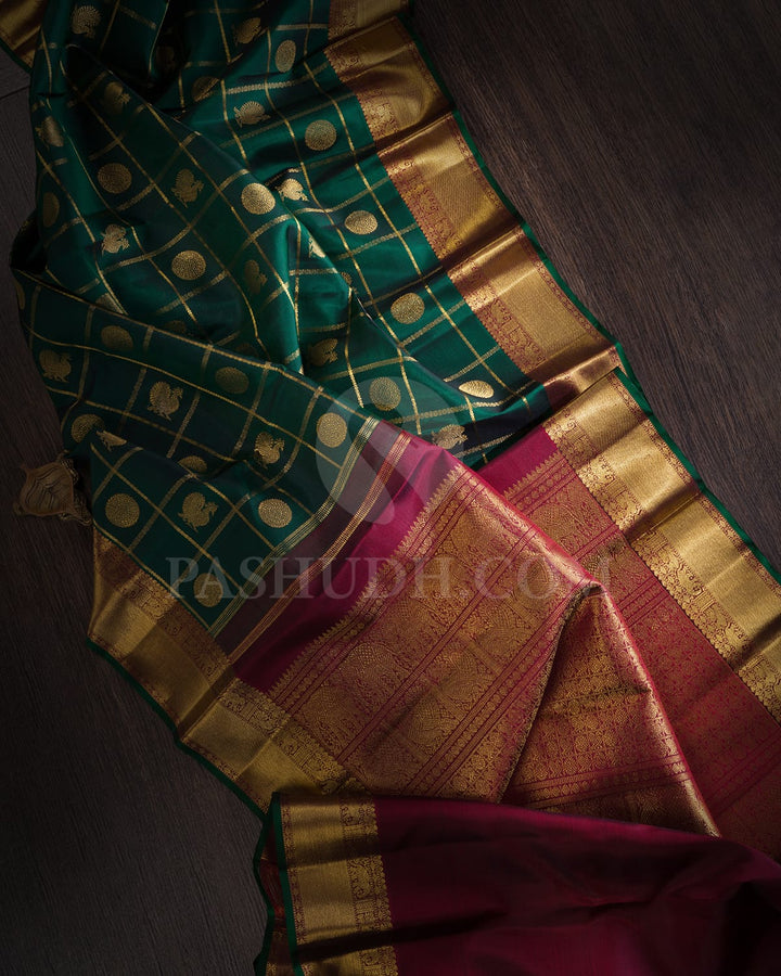 Bottle Green With Maroon Pure Zari Kanjivaram Silk Saree-SP313