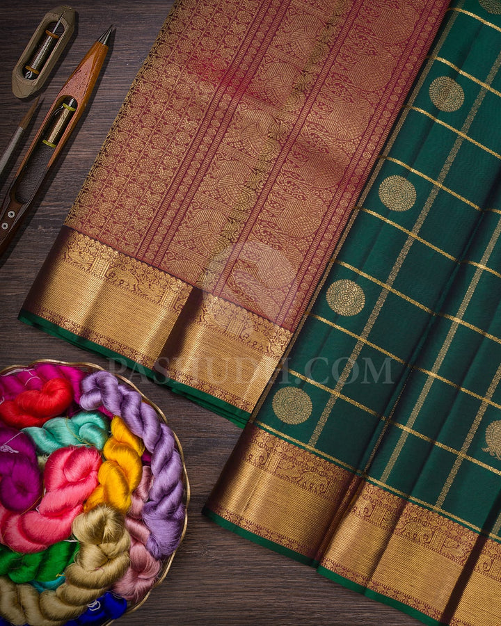 Bottle Green With Maroon Pure Zari Kanjivaram Silk Saree-SP313