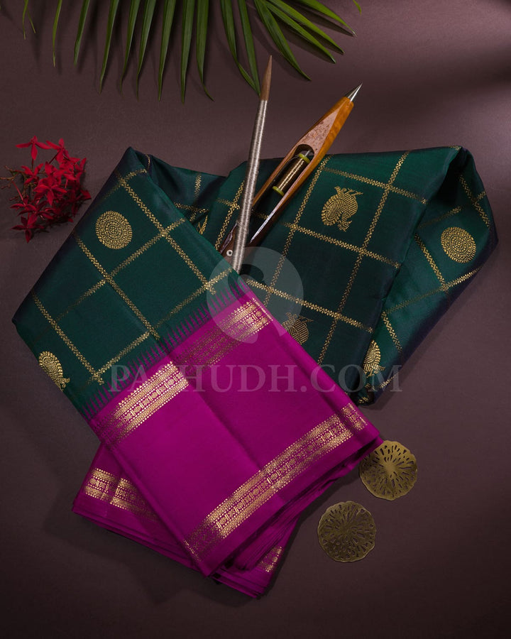 Bottle Green With Magenta Pure Zari Kanjivaram Silk Saree-SP301