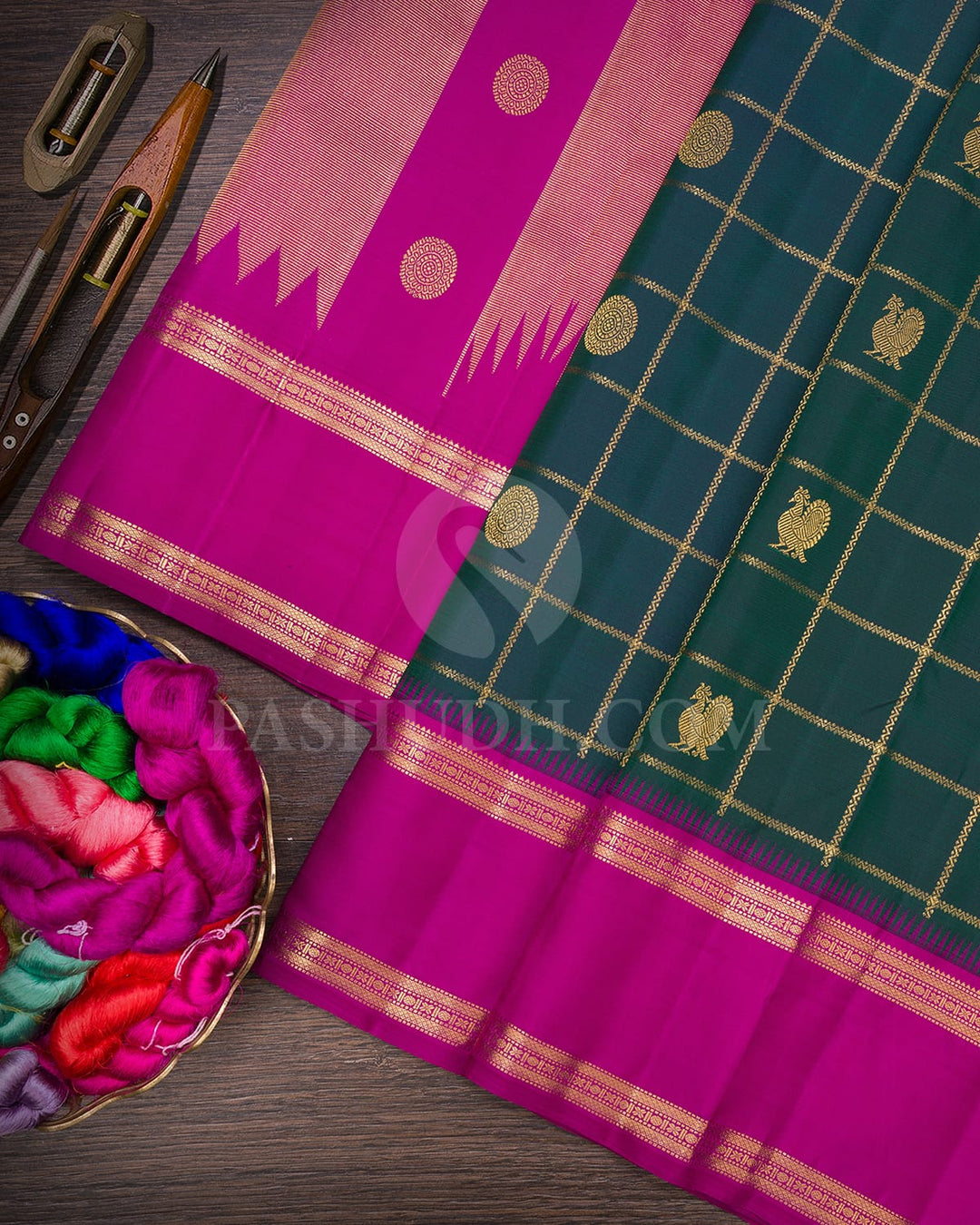 Bottle Green With Magenta Pure Zari Kanjivaram Silk Saree-SP301