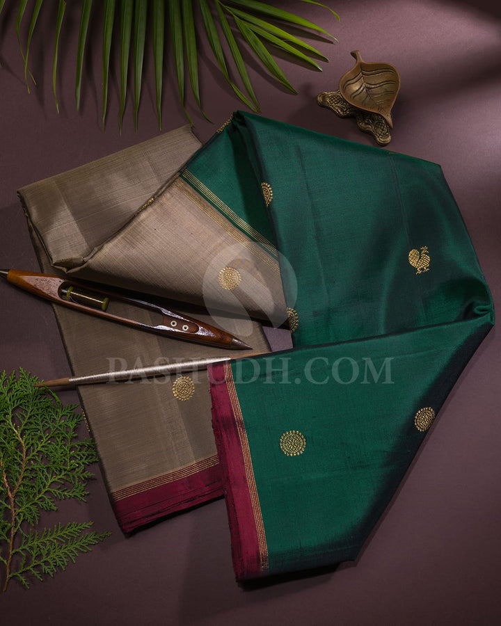 Bottle Green And Grey Pure Zari Kanjivaram Silk Saree-SP303
