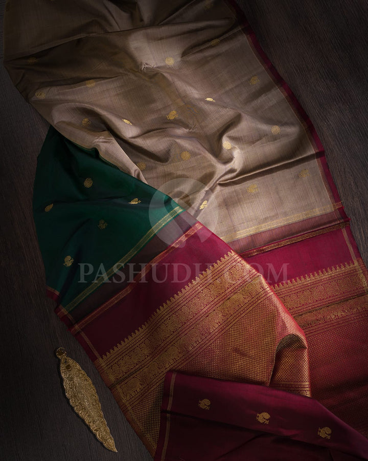 Bottle Green And Grey Pure Zari Kanjivaram Silk Saree-SP303