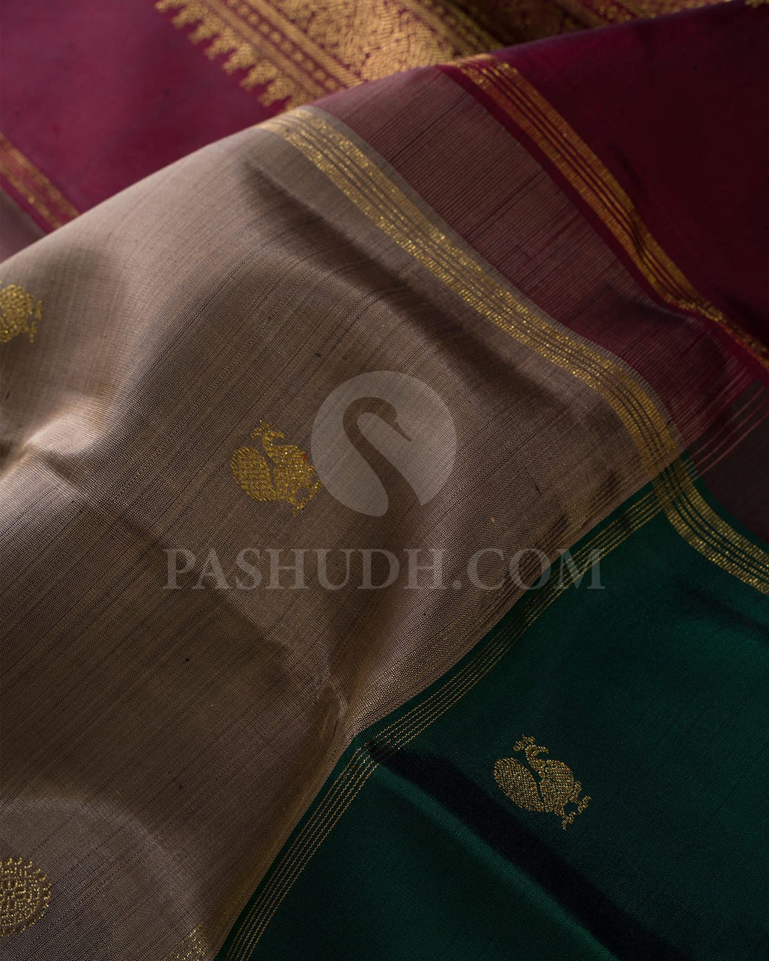 Bottle Green And Grey Pure Zari Kanjivaram Silk Saree-SP303