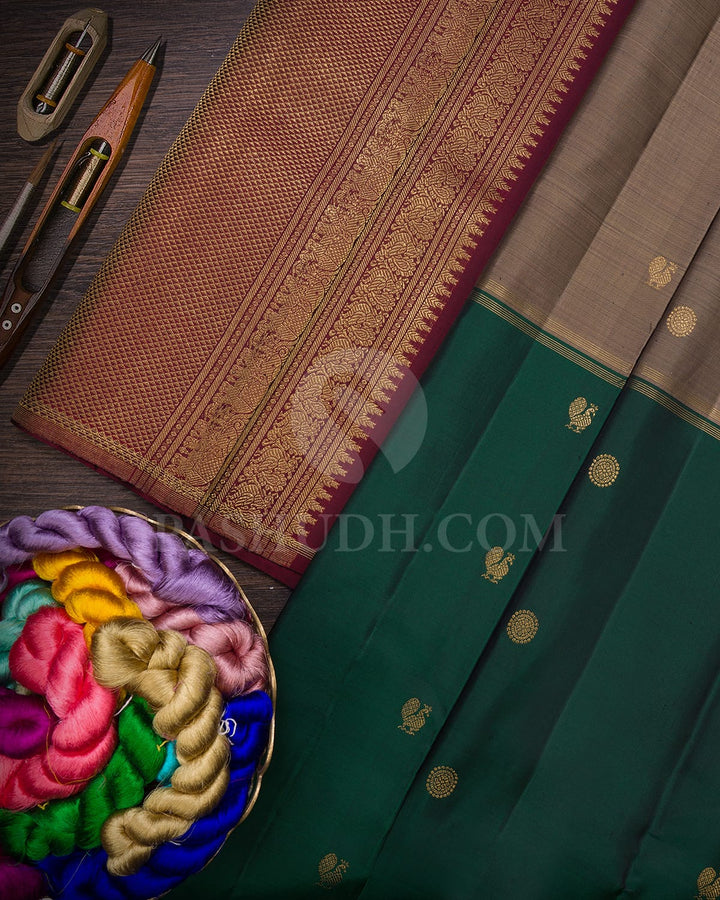 Bottle Green And Grey Pure Zari Kanjivaram Silk Saree-SP303