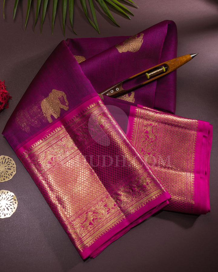 Purple With Bright Baby Pink Kora Organza Kanjivaram Silk Saree-SP327