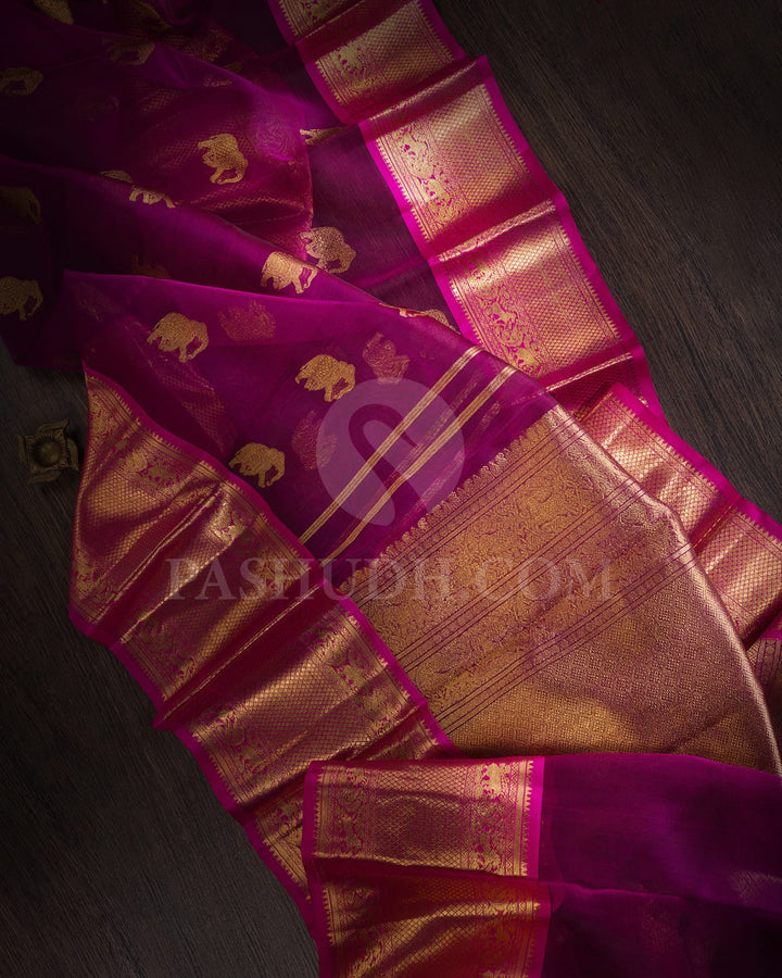 Purple With Bright Baby Pink Kora Organza Kanjivaram Silk Saree-SP327