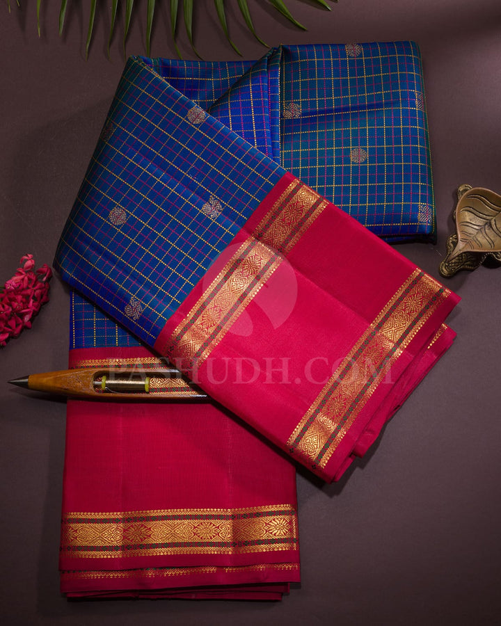 Peacock Blue With Brick Red Pure Zari Kanjivaram Silk Saree-SP302