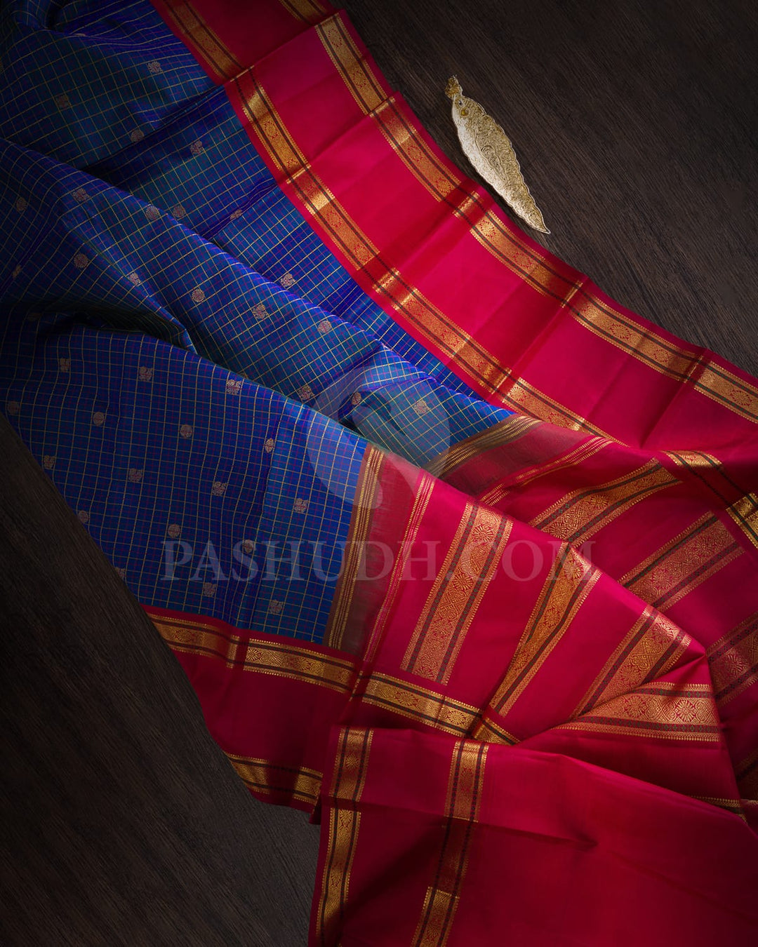 Peacock Blue With Brick Red Pure Zari Kanjivaram Silk Saree-SP302