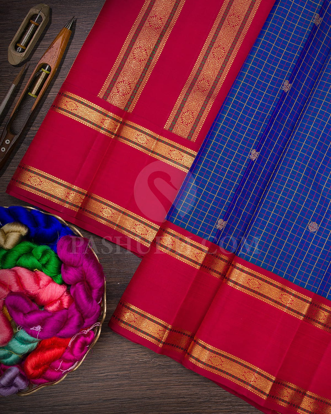 Peacock Blue With Brick Red Pure Zari Kanjivaram Silk Saree-SP302