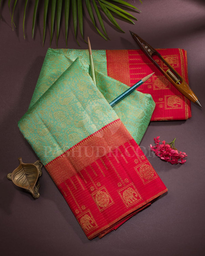 Rexona Green With Bright Red Pure Zari Kanjivaram Silk Saree-SP333