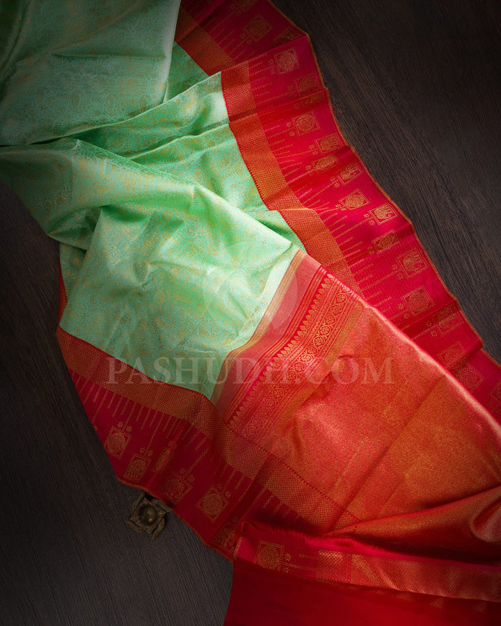Rexona Green With Bright Red Pure Zari Kanjivaram Silk Saree-SP333
