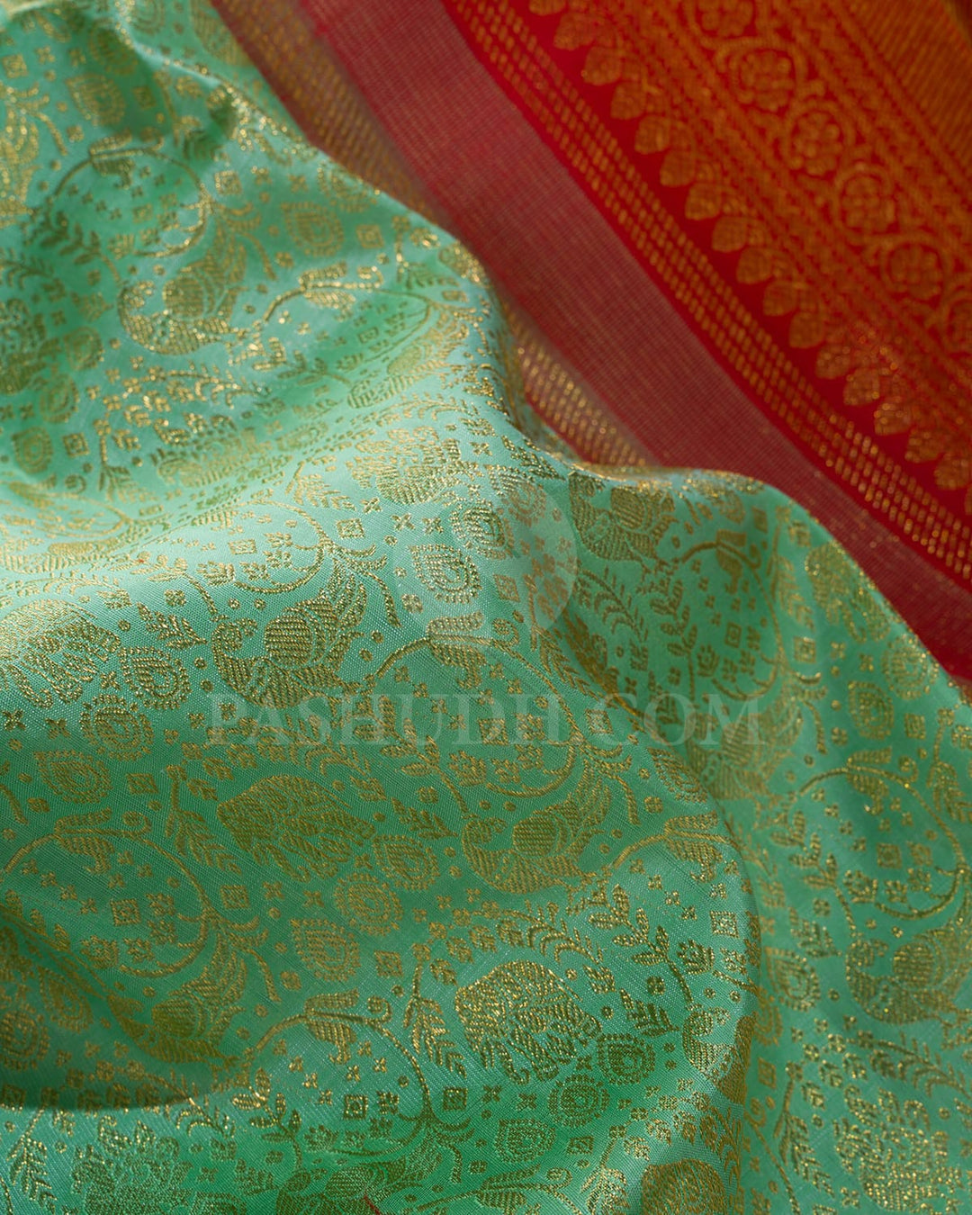 Rexona Green With Bright Red Pure Zari Kanjivaram Silk Saree-SP333