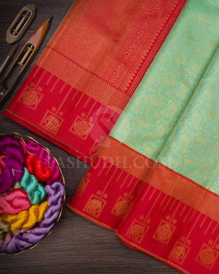 Rexona Green With Bright Red Pure Zari Kanjivaram Silk Saree-SP333