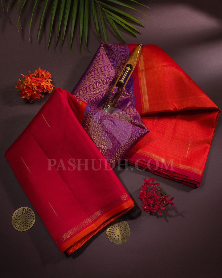 Violet With Red And Orange Pure Zari Kanjivaram Silk Saree-SP304