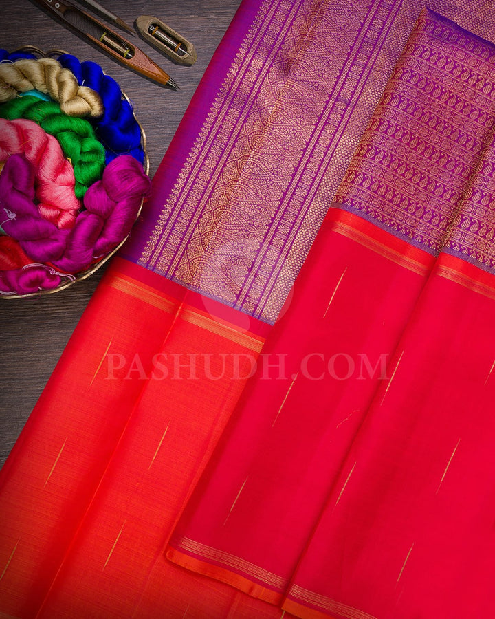 Violet With Red And Orange Pure Zari Kanjivaram Silk Saree-SP304
