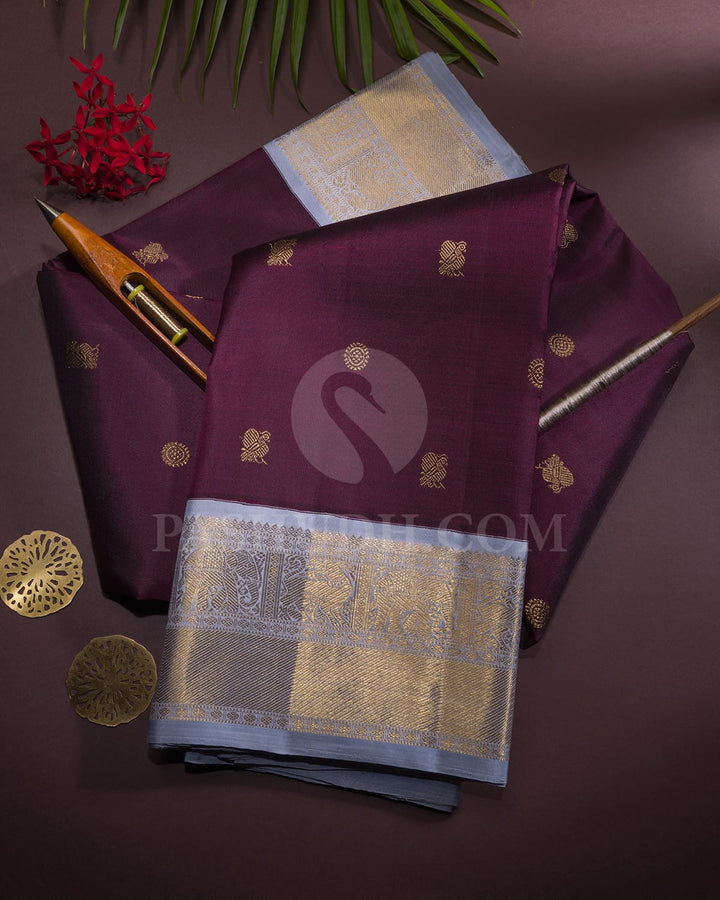 Eggplant Purple And Powder Blue Pure Zari Kanjivaram Silk Saree-SP291