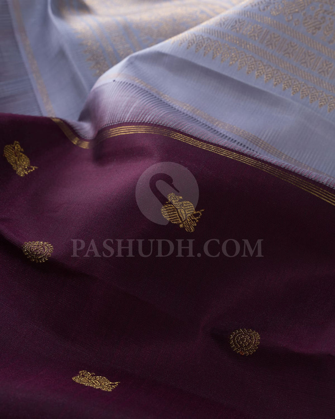 Eggplant Purple And Powder Blue Pure Zari Kanjivaram Silk Saree-SP291