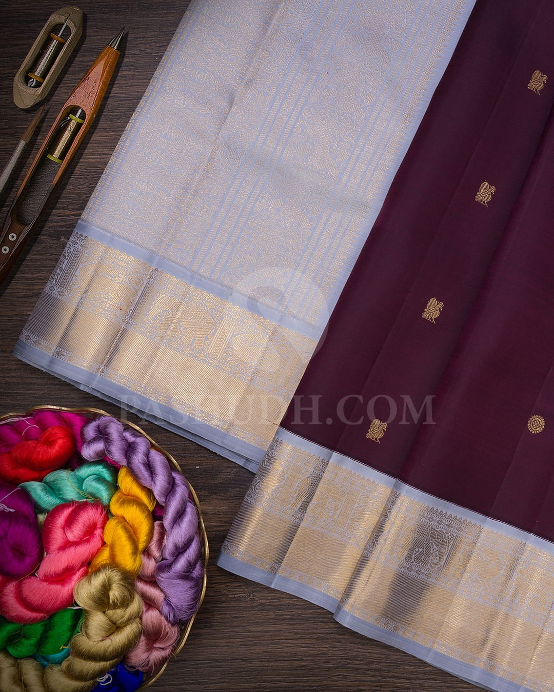 Eggplant Purple And Powder Blue Pure Zari Kanjivaram Silk Saree-SP291