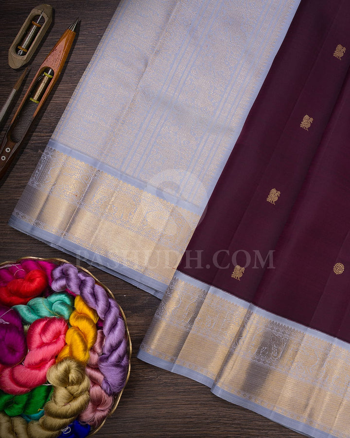 Eggplant Purple And Powder Blue Pure Zari Kanjivaram Silk Saree-SP291