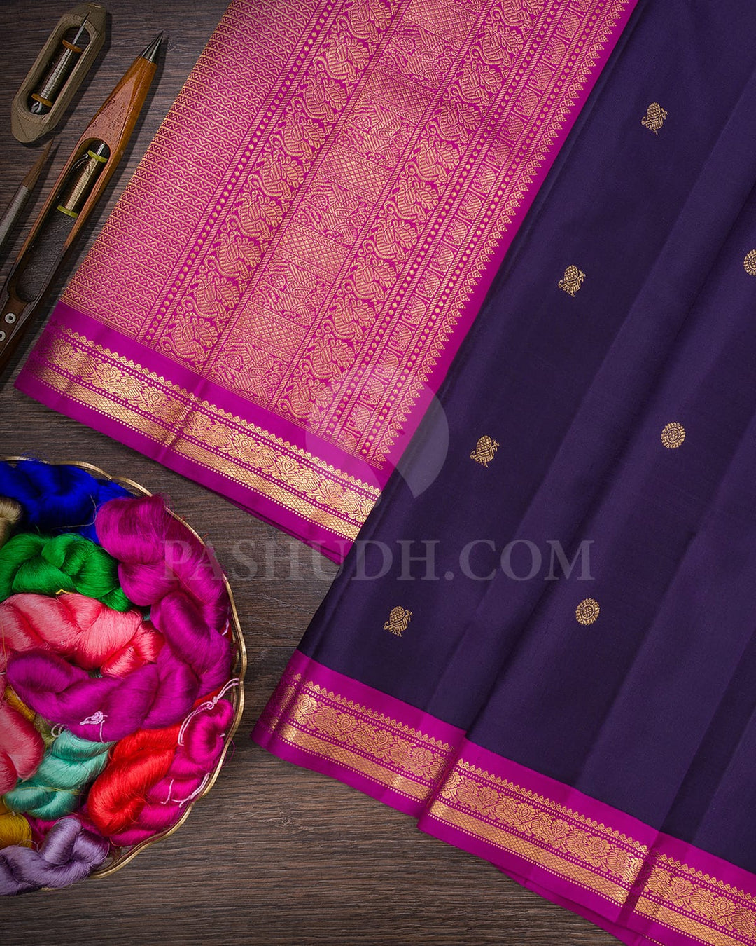 Navy Blue With Magenta Pure Zari Kanjivaram Silk Saree-SP298