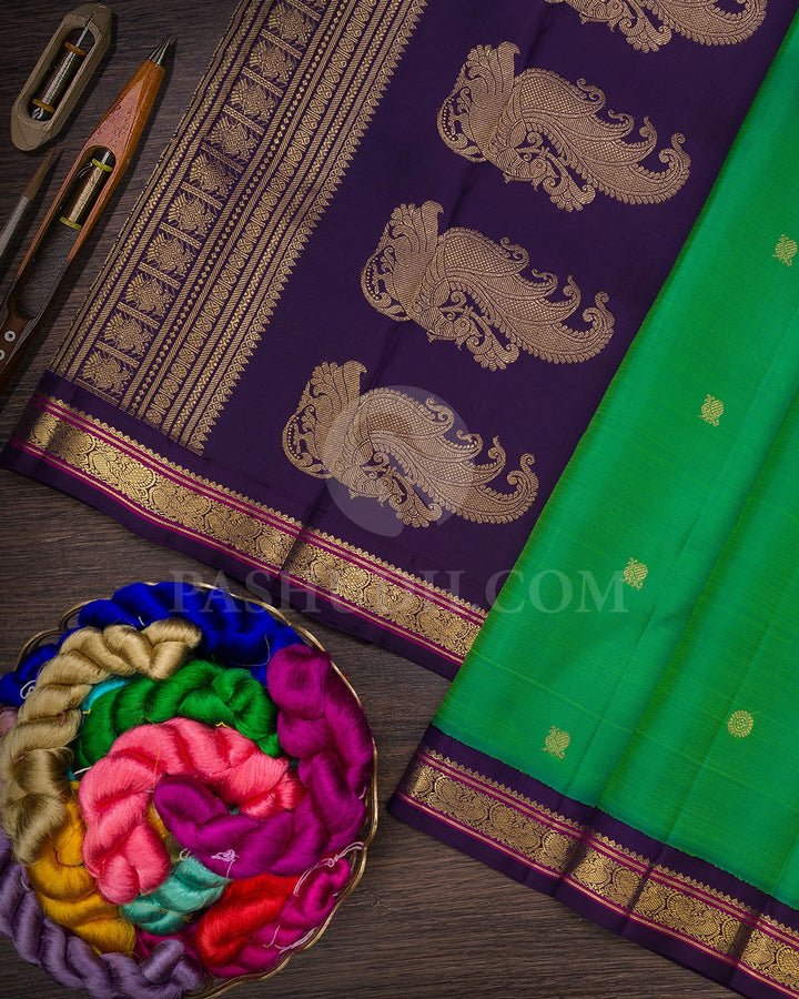 Light Green And Purple Pure Zari Kanjivaram Silk Saree-SP299