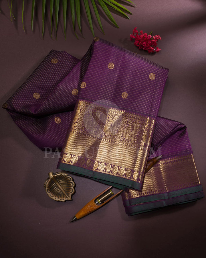 Wine And Dark Green Pure Zari Kanjivaram Silk Saree-SP329