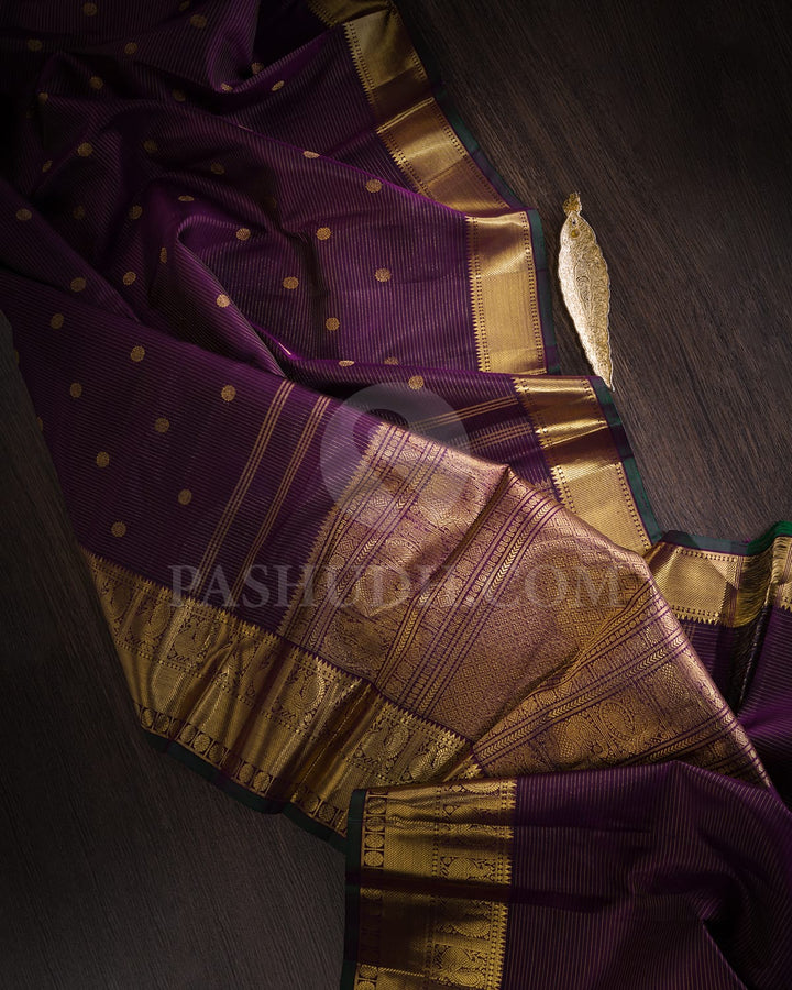 Wine And Dark Green Pure Zari Kanjivaram Silk Saree-SP329