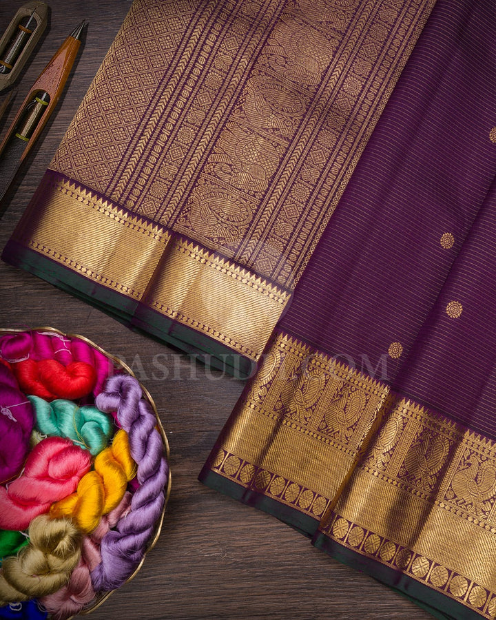 Wine And Dark Green Pure Zari Kanjivaram Silk Saree-SP329