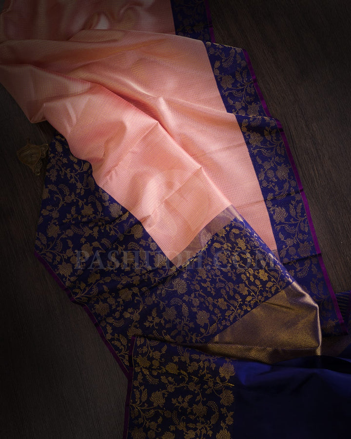 Peachy Pink And Royal Blue Kanjivaram Silk Saree-S1070(K)