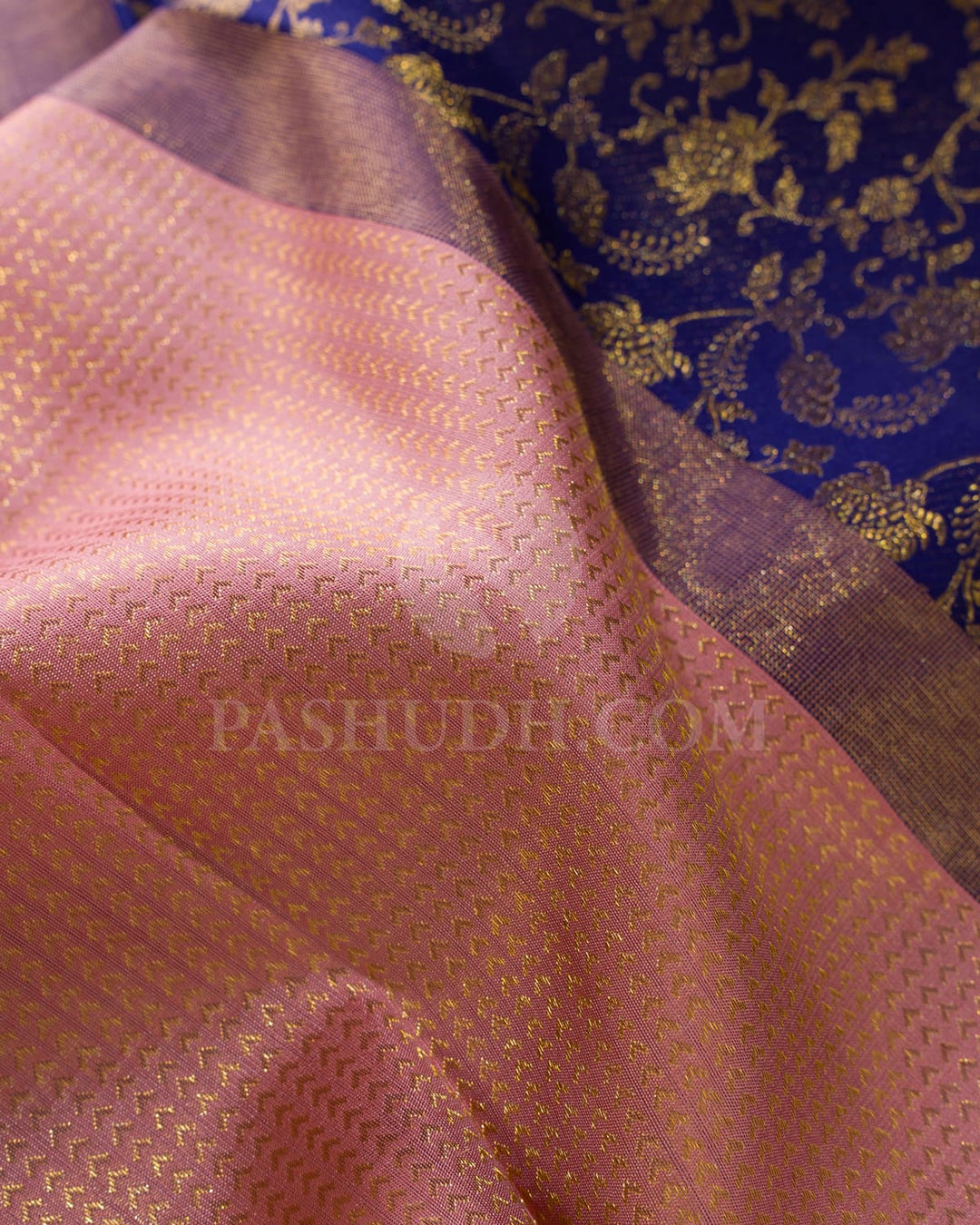 Peachy Pink And Royal Blue Kanjivaram Silk Saree-S1070(K)